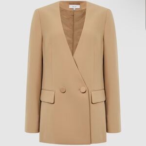 NWT Reiss Margeaux Collarless Double Breasted Beige Blazer Sz 12